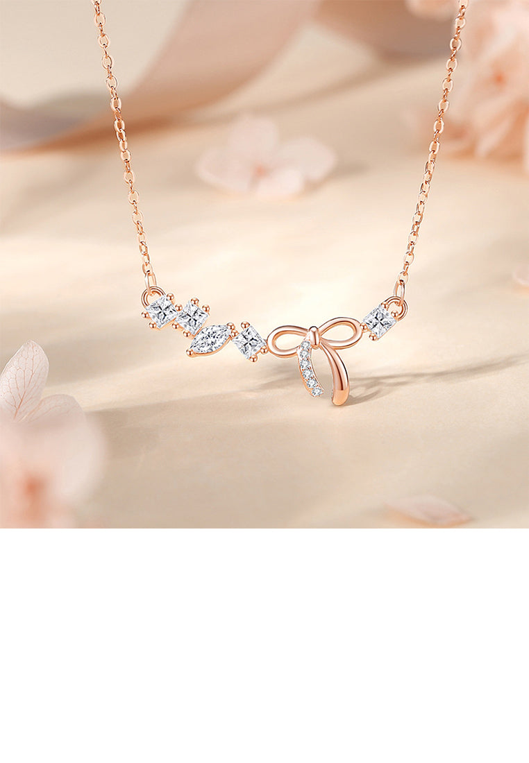 925 Sterling Silver Plated Rose Gold Simple Sweet Ribbon Necklace with Cubic Zirconia - Luxurious Look