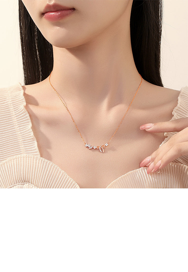 925 Sterling Silver Plated Rose Gold Simple Sweet Ribbon Necklace with Cubic Zirconia - Luxurious Look