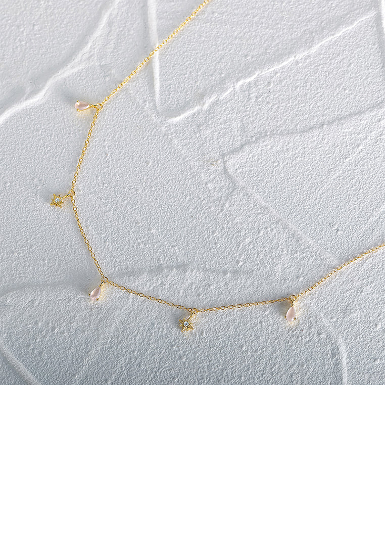 925 Sterling Silver Plated Gold Simple Fashion Star Water Drop Necklace with Cubic Zirconia - Luxurious Look