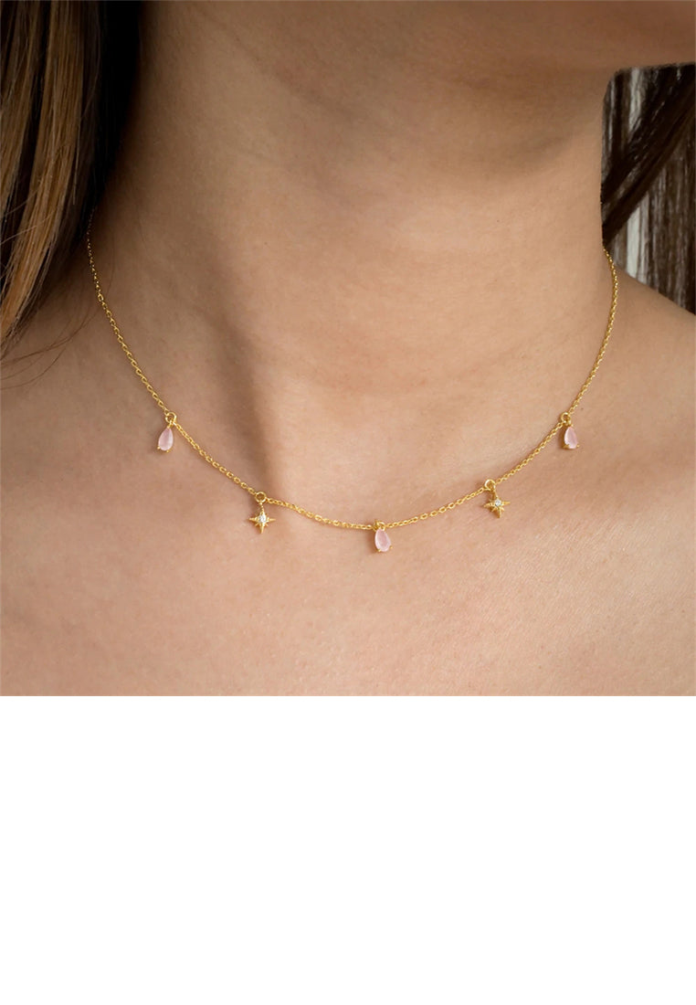 925 Sterling Silver Plated Gold Simple Fashion Star Water Drop Necklace with Cubic Zirconia - Luxurious Look