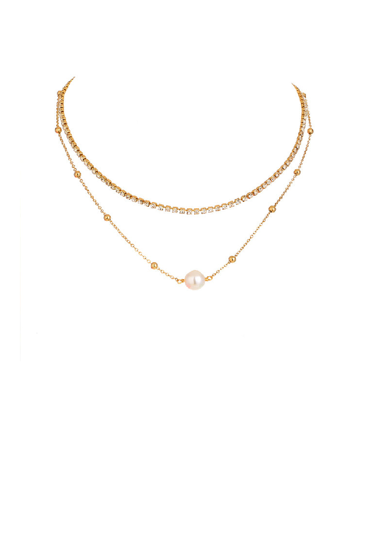Fashion Temperament Plated Gold Geometric Chain Imitation Pearl Double Layer Necklace with Cubic Zirconia - Luxurious Look