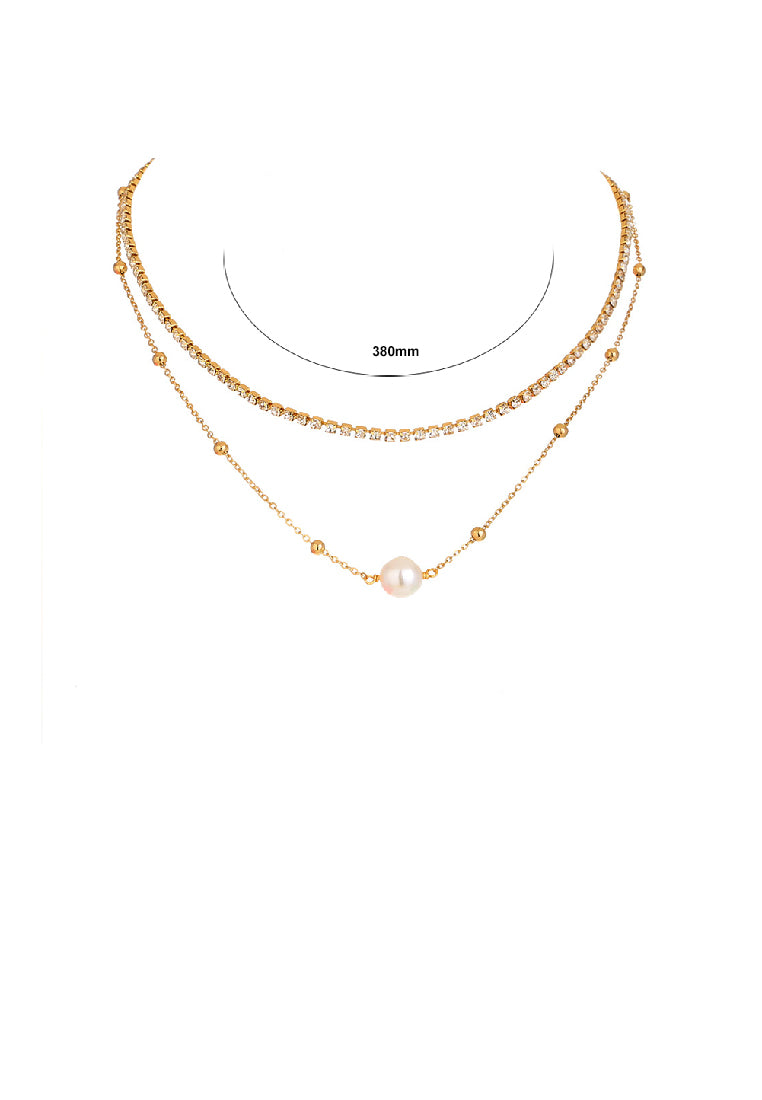 Fashion Temperament Plated Gold Geometric Chain Imitation Pearl Double Layer Necklace with Cubic Zirconia - Luxurious Look