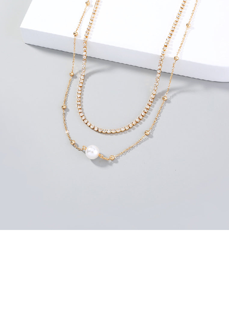 Fashion Temperament Plated Gold Geometric Chain Imitation Pearl Double Layer Necklace with Cubic Zirconia - Luxurious Look