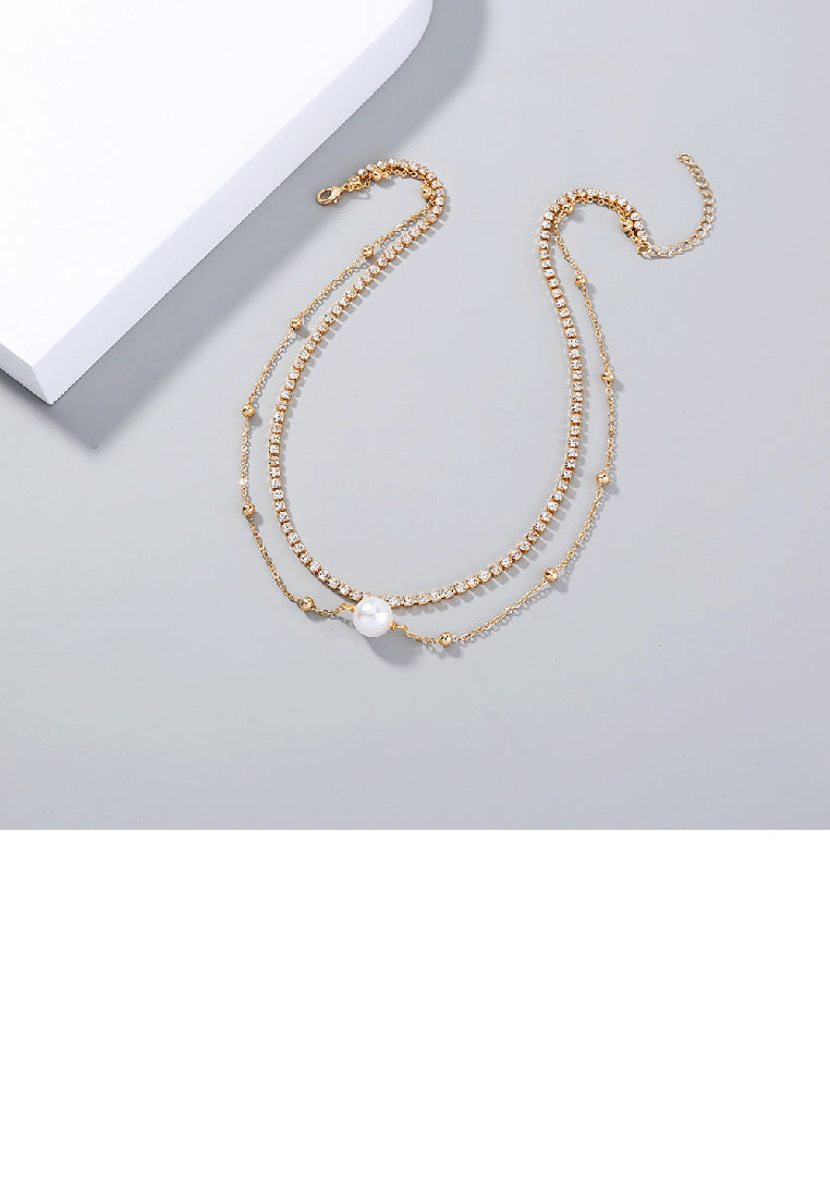 Fashion Temperament Plated Gold Geometric Chain Imitation Pearl Double Layer Necklace with Cubic Zirconia - Luxurious Look