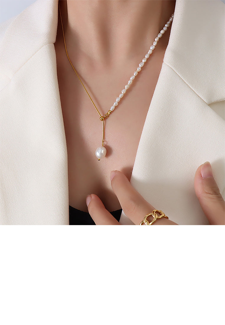 Fashion Temperament Plated Gold Beaded Irregular Imitation Pearl Adjustable 316L Stainless Steel Necklace - Luxurious Look