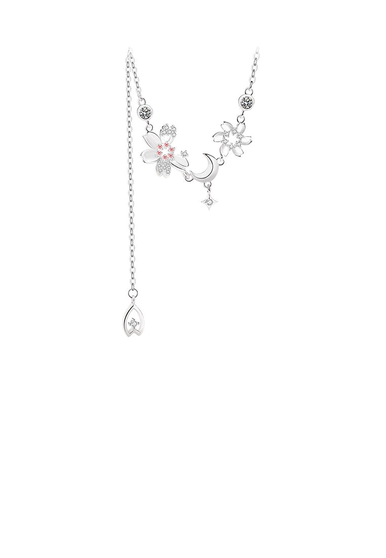 925 Sterling Silver Fashion and Elegant Cherry Blossoms Moon Tassel Necklace with Cubic Zirconia - Luxurious Look