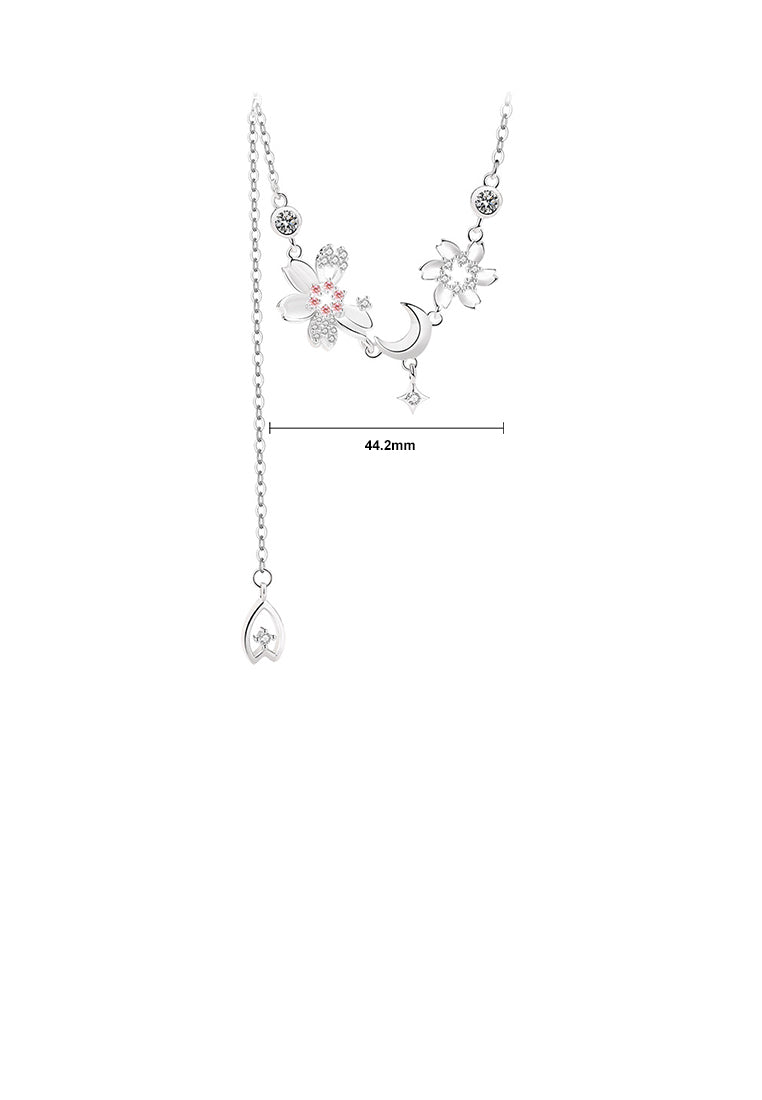 925 Sterling Silver Fashion and Elegant Cherry Blossoms Moon Tassel Necklace with Cubic Zirconia - Luxurious Look