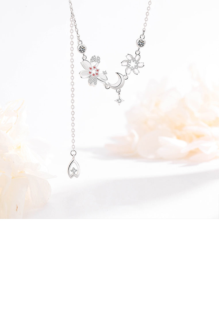 925 Sterling Silver Fashion and Elegant Cherry Blossoms Moon Tassel Necklace with Cubic Zirconia - Luxurious Look