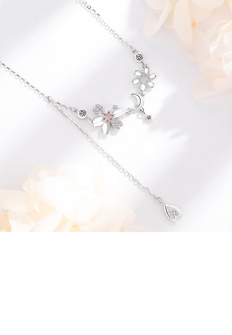 925 Sterling Silver Fashion and Elegant Cherry Blossoms Moon Tassel Necklace with Cubic Zirconia - Luxurious Look
