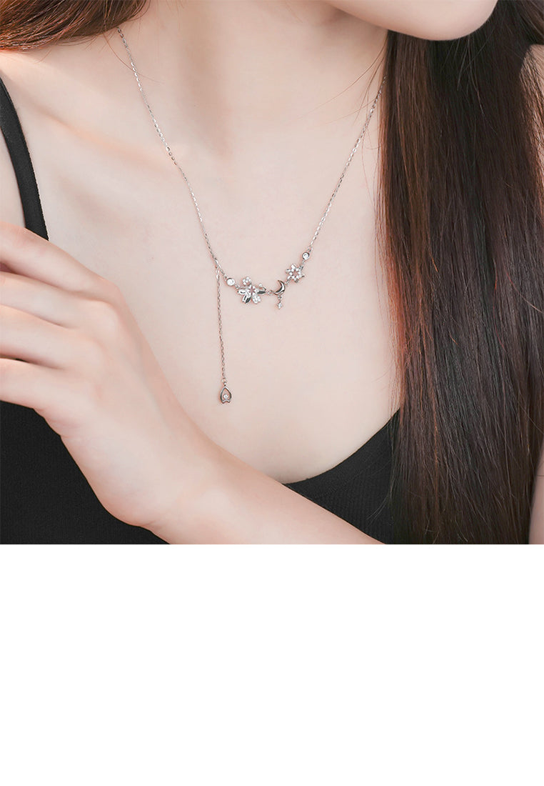 925 Sterling Silver Fashion and Elegant Cherry Blossoms Moon Tassel Necklace with Cubic Zirconia - Luxurious Look
