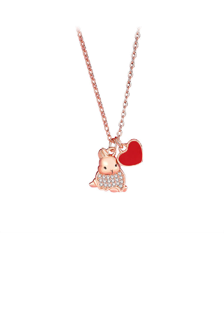 925 Sterling Silver Plated Rose Gold Simple Cute Rabbit Heart Shape Pendant with Cubic Zirconia and Necklace - Luxurious Look