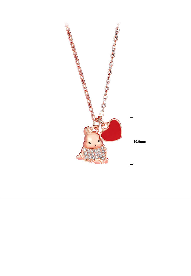925 Sterling Silver Plated Rose Gold Simple Cute Rabbit Heart Shape Pendant with Cubic Zirconia and Necklace - Luxurious Look