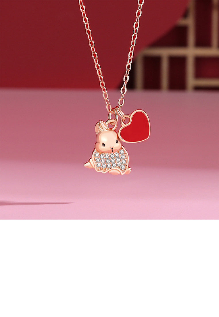 925 Sterling Silver Plated Rose Gold Simple Cute Rabbit Heart Shape Pendant with Cubic Zirconia and Necklace - Luxurious Look