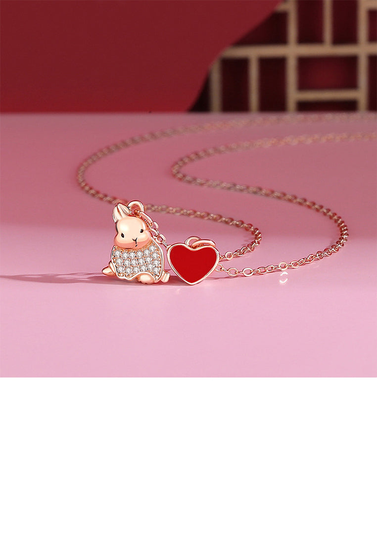 925 Sterling Silver Plated Rose Gold Simple Cute Rabbit Heart Shape Pendant with Cubic Zirconia and Necklace - Luxurious Look