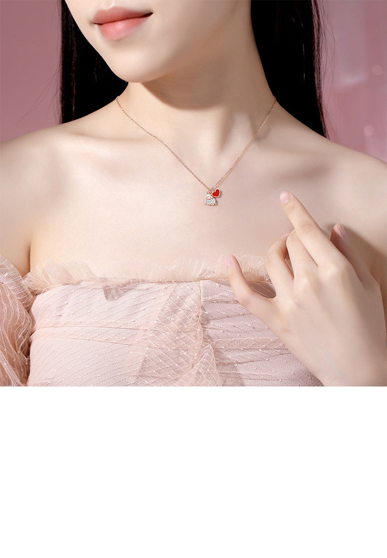 925 Sterling Silver Plated Rose Gold Simple Cute Rabbit Heart Shape Pendant with Cubic Zirconia and Necklace - Luxurious Look
