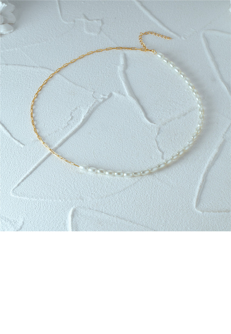 925 Sterling Silver Plated Gold Elegant Temperament Imitation Pearl Beaded Chain Necklace - Luxurious Look