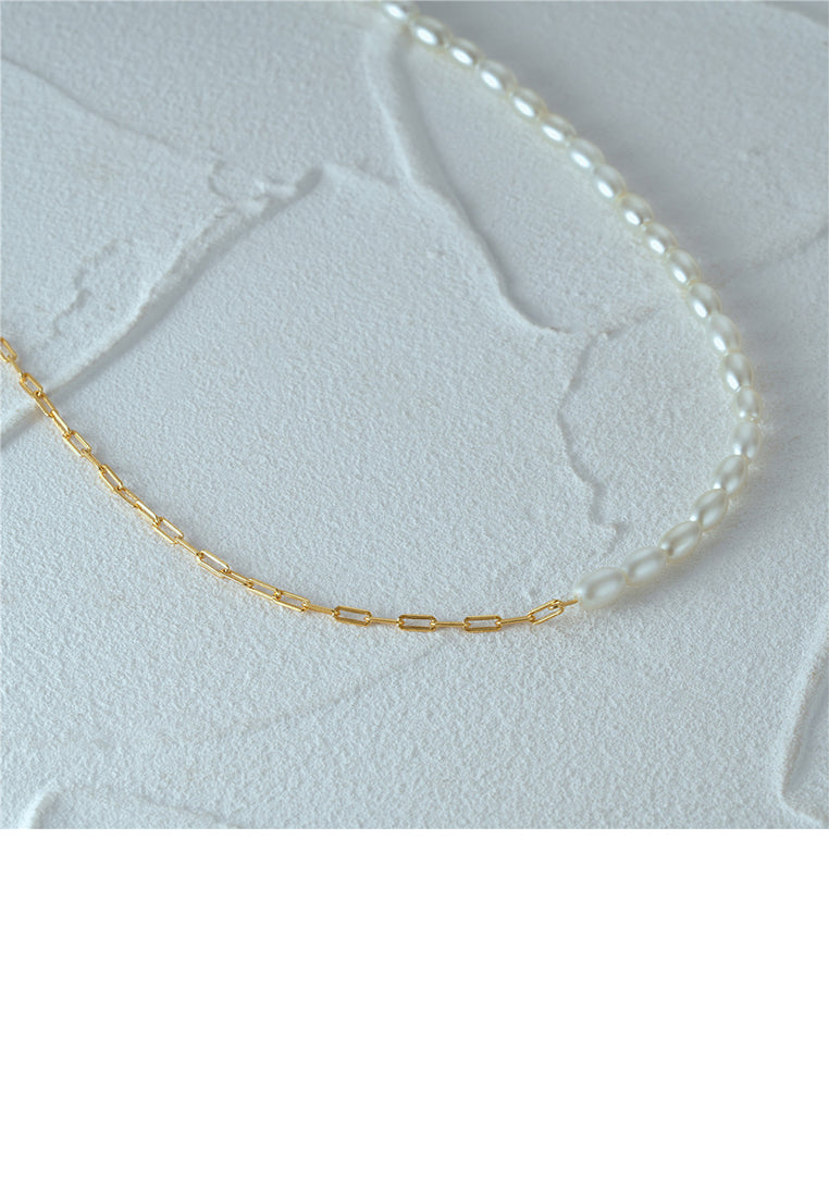 925 Sterling Silver Plated Gold Elegant Temperament Imitation Pearl Beaded Chain Necklace - Luxurious Look