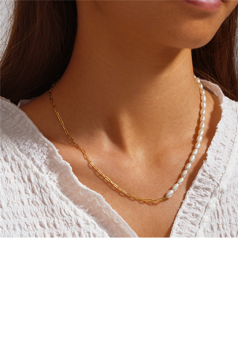 925 Sterling Silver Plated Gold Elegant Temperament Imitation Pearl Beaded Chain Necklace - Luxurious Look