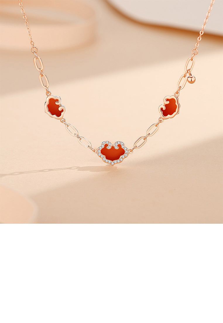 925 Sterling Silver Plated Rose Gold Fashion Vintage Ruyi Lock Imitation Agate Necklace with Cubic Zirconia - Luxurious Look