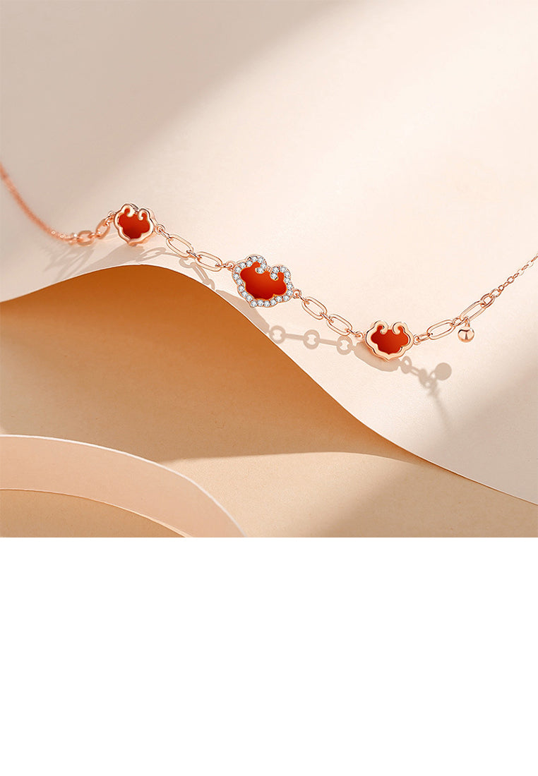 925 Sterling Silver Plated Rose Gold Fashion Vintage Ruyi Lock Imitation Agate Necklace with Cubic Zirconia - Luxurious Look