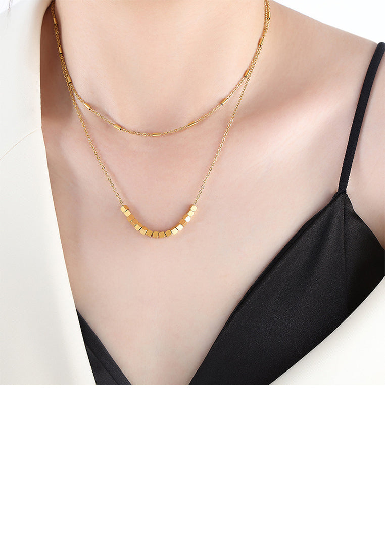Fashion Simple Plated Gold 316L Stainless Steel Geometric Square Double Layer Necklace