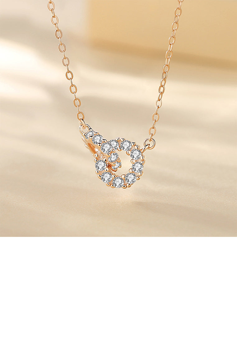 925 Sterling Silver Plated Rose Gold Fashion Simple Double Ring Pendant with Cubic Zirconia and Necklace - Luxurious Look