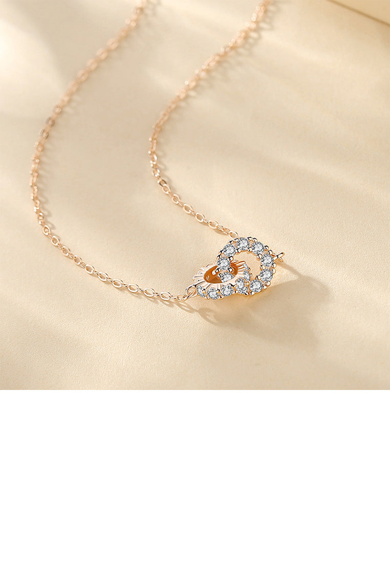 925 Sterling Silver Plated Rose Gold Fashion Simple Double Ring Pendant with Cubic Zirconia and Necklace - Luxurious Look