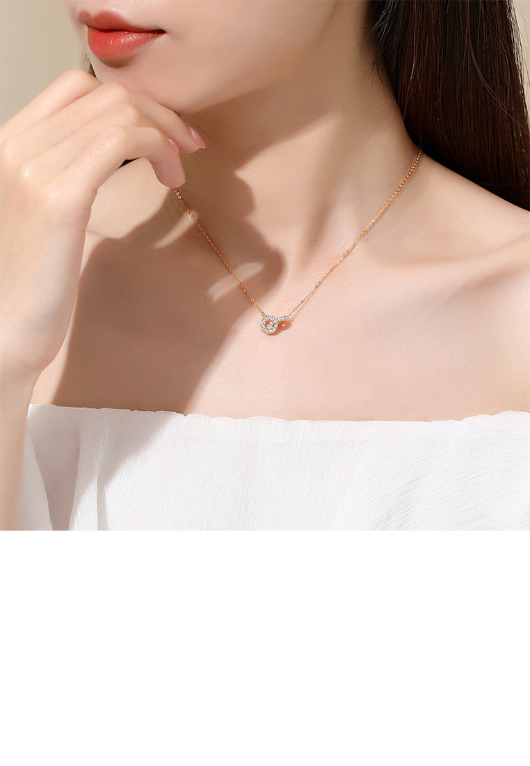925 Sterling Silver Plated Rose Gold Fashion Simple Double Ring Pendant with Cubic Zirconia and Necklace - Luxurious Look