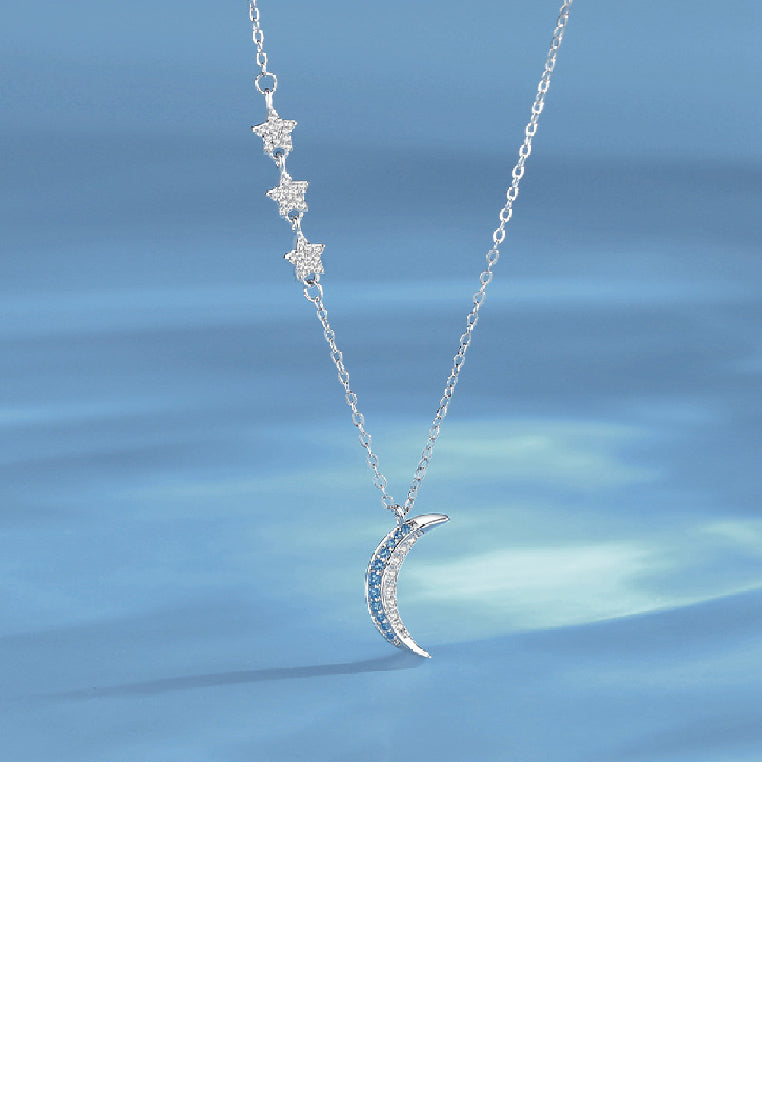 925 Sterling Silver Simple Fashion Moon Star Pendant with Cubic Zirconia and Necklace - Luxurious Look
