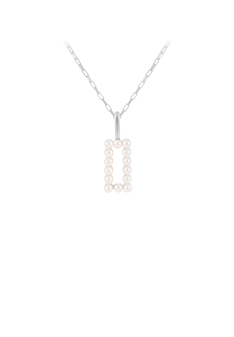 925 Sterling Silver Simple and Elegant Hollow Geometric Rectangular Pendant with Imitation Pearls and Necklace