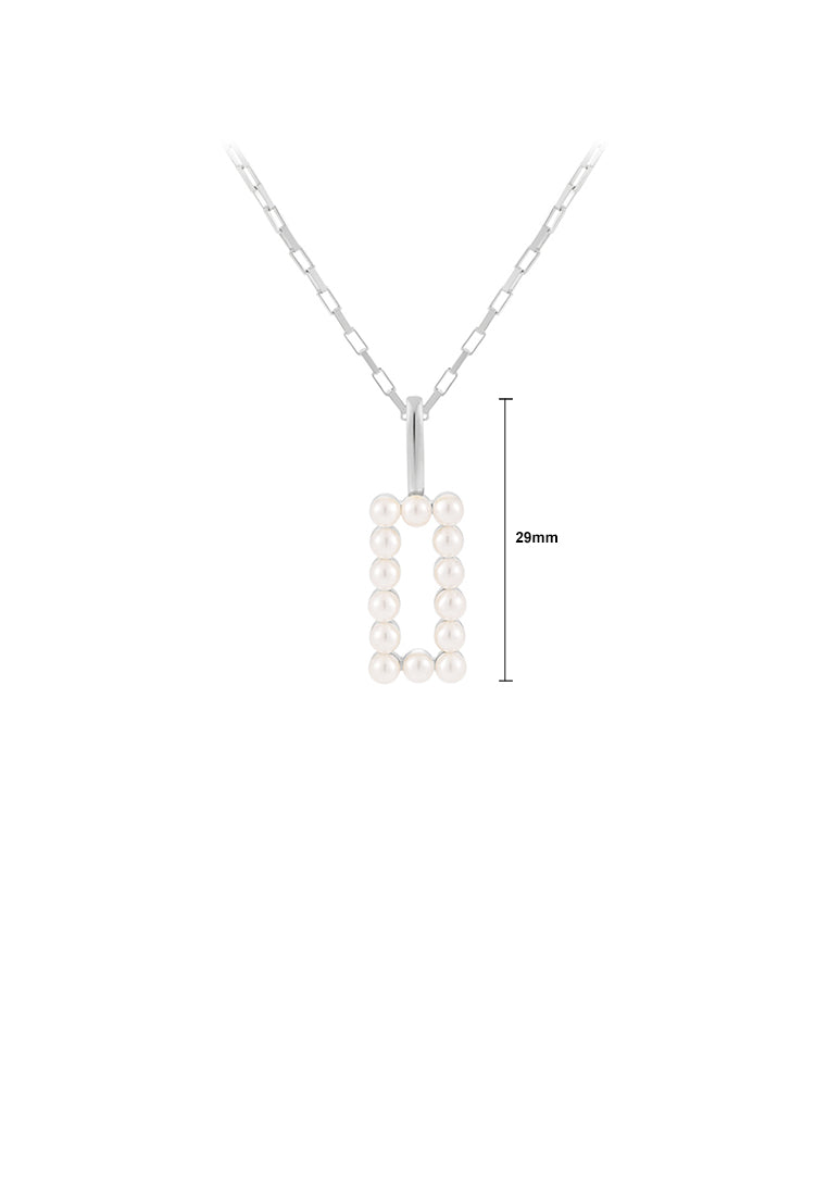 925 Sterling Silver Simple and Elegant Hollow Geometric Rectangular Pendant with Imitation Pearls and Necklace