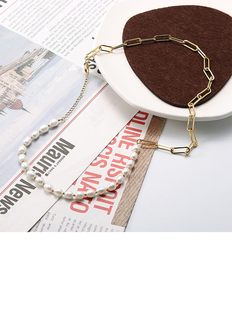 Fashion Elegant Plated Gold Geometric Chain Stitching Imitation Pearl Necklace - Luxurious Look