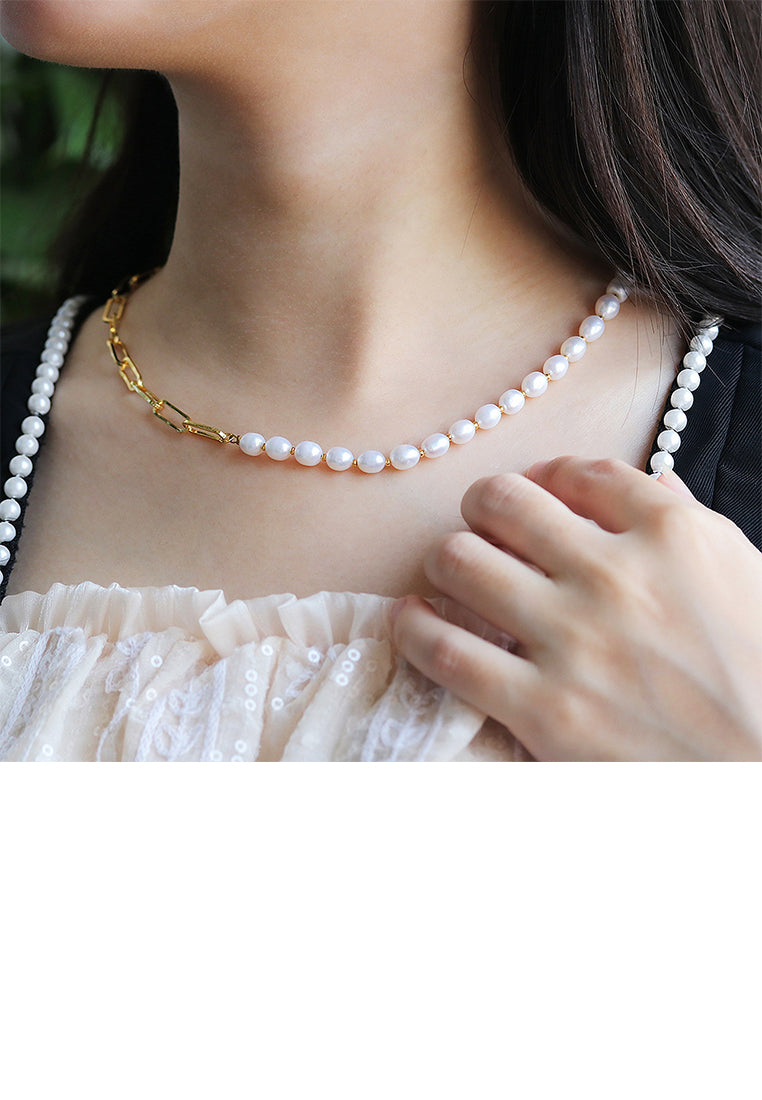 Fashion Elegant Plated Gold Geometric Chain Stitching Imitation Pearl Necklace - Luxurious Look