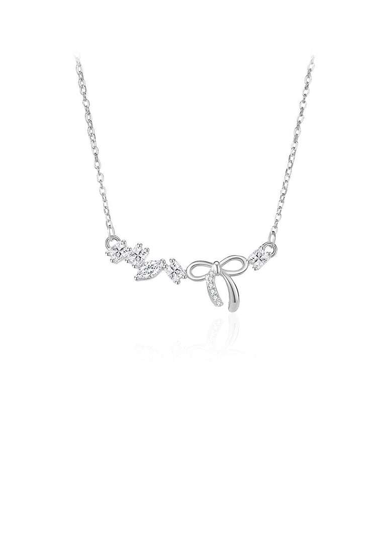 925 Sterling Silver Simple Sweet Ribbon Necklace with Cubic Zirconia - Luxurious Look