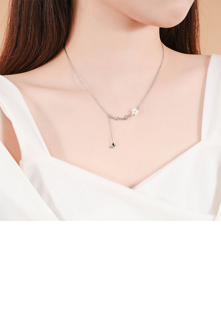 925 Sterling Silver Fashion Simple Flower Butterfly Tassel Necklace