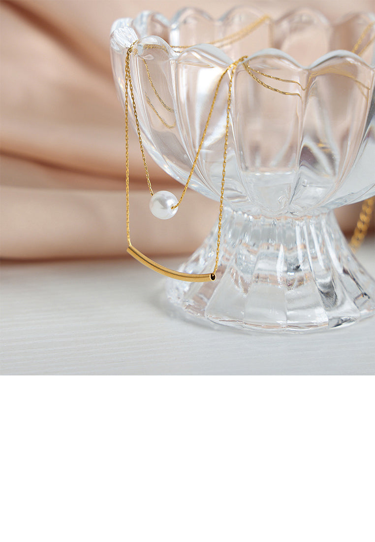 Simple and Fashion Plated Gold 316L Stainless Steel Geometric Imitation Pearl Double Layer Necklace - Luxurious Look