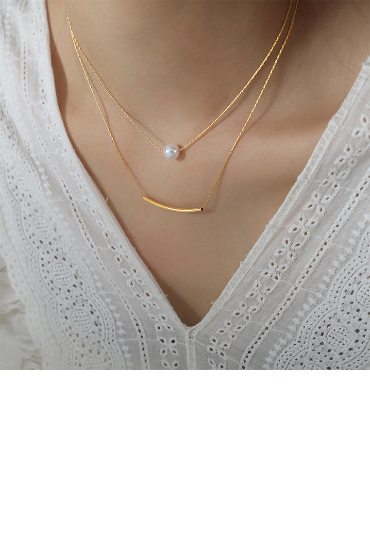 Simple and Fashion Plated Gold 316L Stainless Steel Geometric Imitation Pearl Double Layer Necklace - Luxurious Look