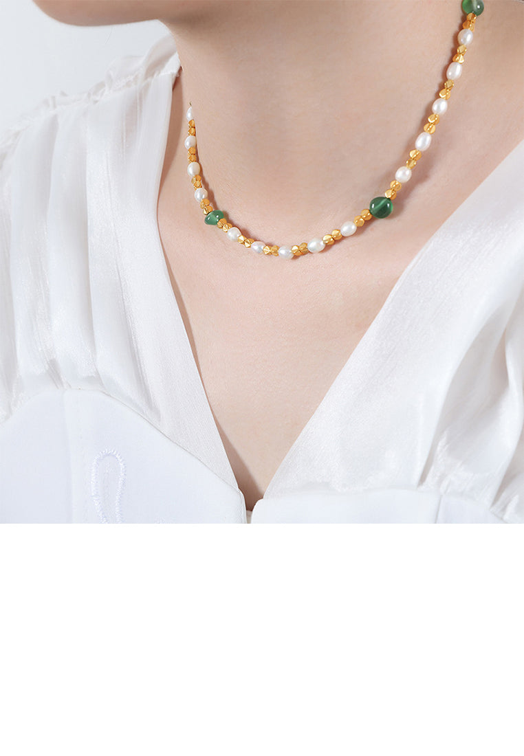 Fashion and Elegant Plated Gold 316L Stainless Steel Irregular Ball Beads Necklace with Imitation Pearls