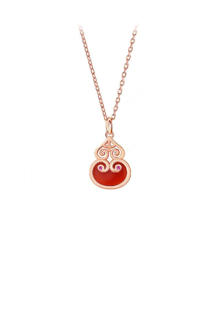 925 Sterling Silver Plated Rose Gold Fashion Vintage Gourd Red Imitation Agate Pendant with Cubic Zirconia and Necklace - Luxurious Look - Vibrant Color