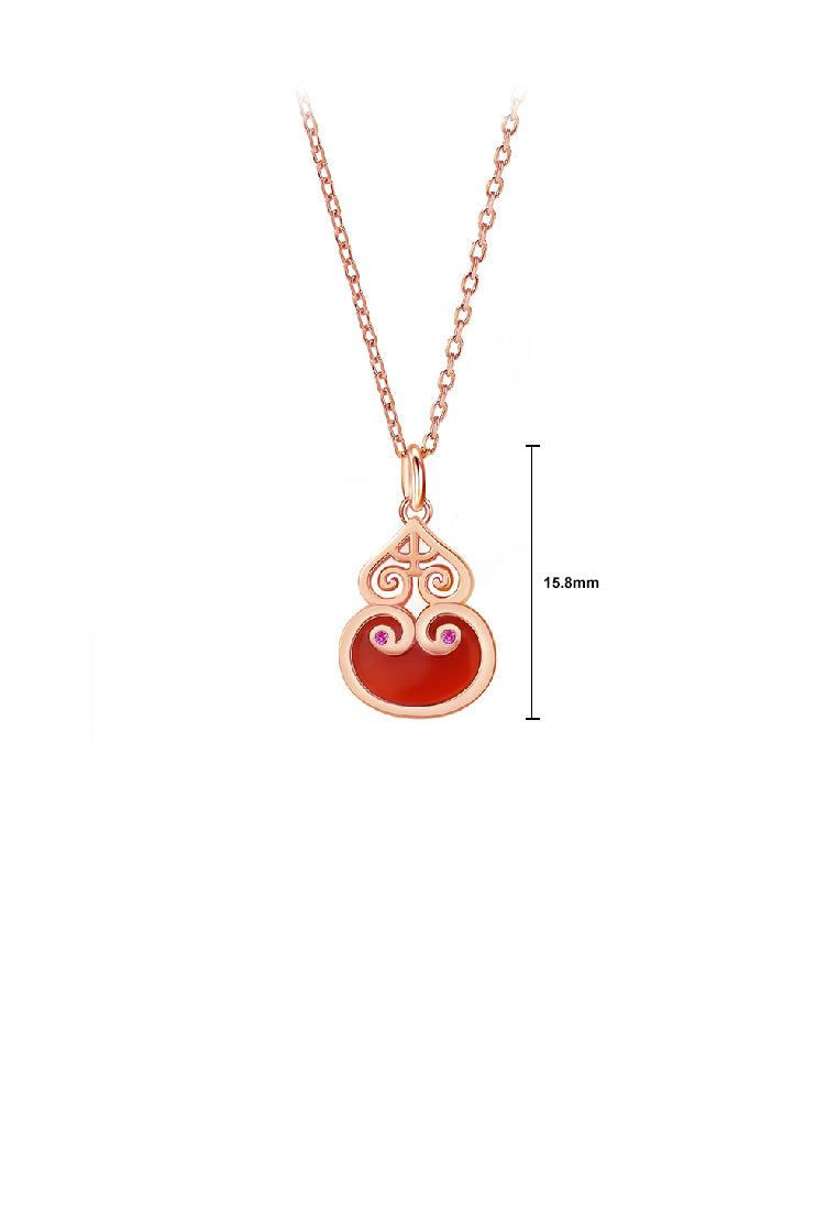 925 Sterling Silver Plated Rose Gold Fashion Vintage Gourd Red Imitation Agate Pendant with Cubic Zirconia and Necklace - Luxurious Look - Vibrant Color