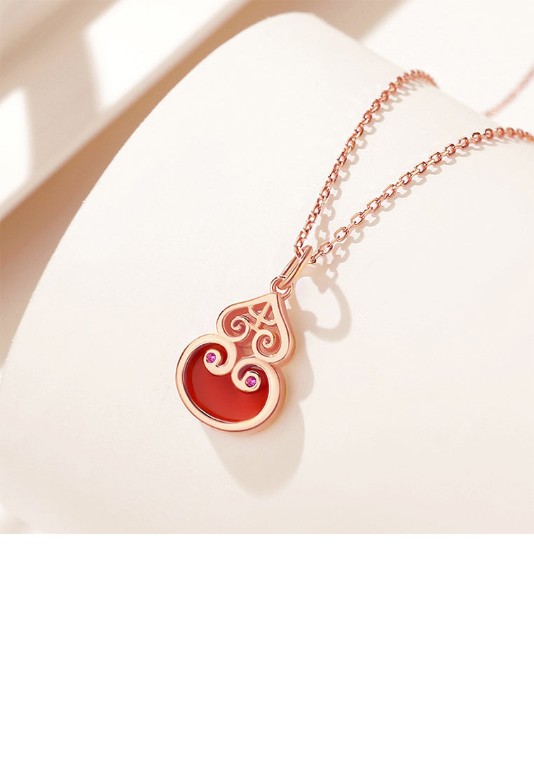 925 Sterling Silver Plated Rose Gold Fashion Vintage Gourd Red Imitation Agate Pendant with Cubic Zirconia and Necklace - Luxurious Look - Vibrant Color