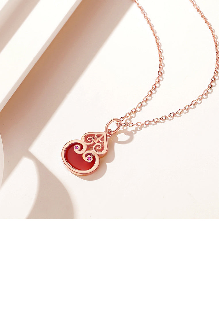 925 Sterling Silver Plated Rose Gold Fashion Vintage Gourd Red Imitation Agate Pendant with Cubic Zirconia and Necklace - Luxurious Look - Vibrant Color