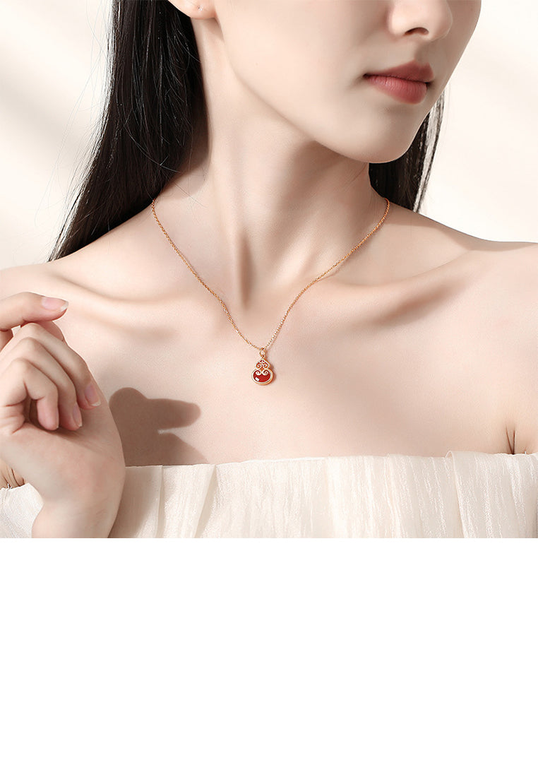 925 Sterling Silver Plated Rose Gold Fashion Vintage Gourd Red Imitation Agate Pendant with Cubic Zirconia and Necklace - Luxurious Look - Vibrant Color