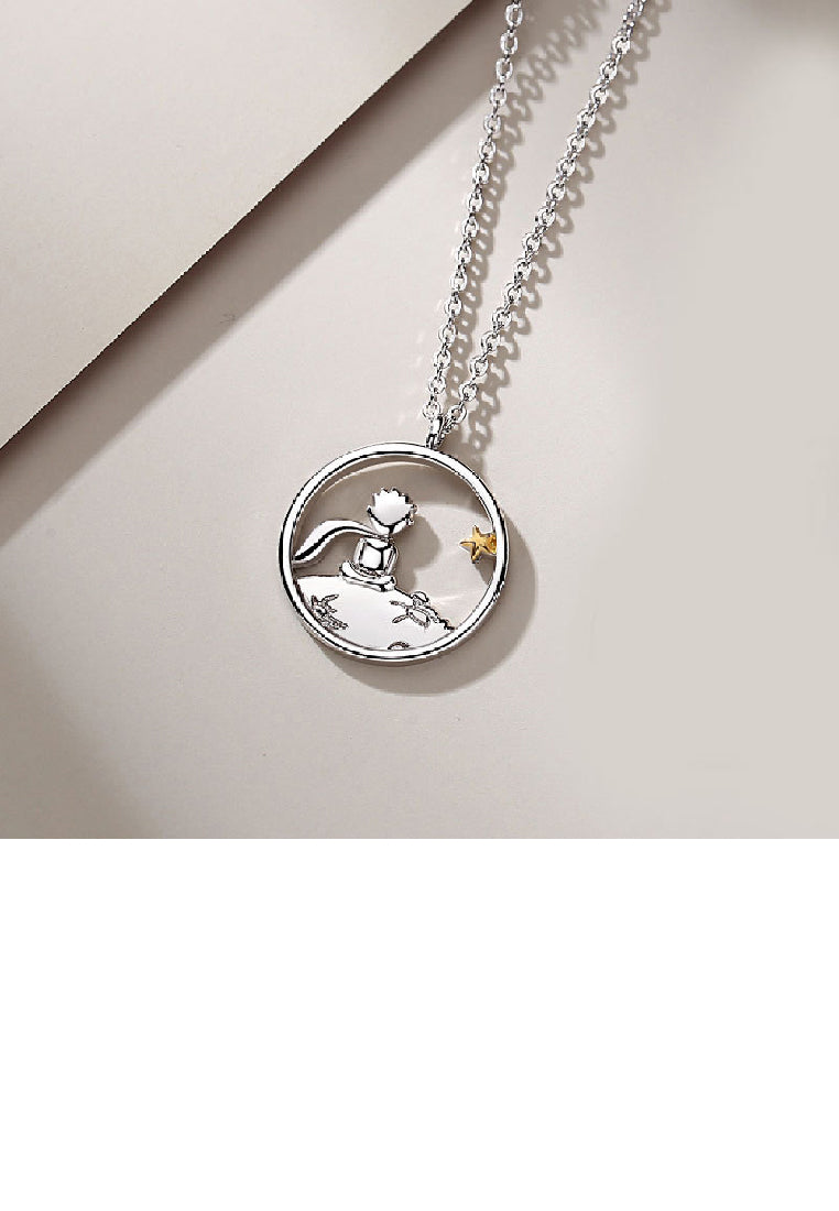925 Sterling Silver Fashion Creative Little Prince Hollow Planet Geometric Round Pendant with Necklace