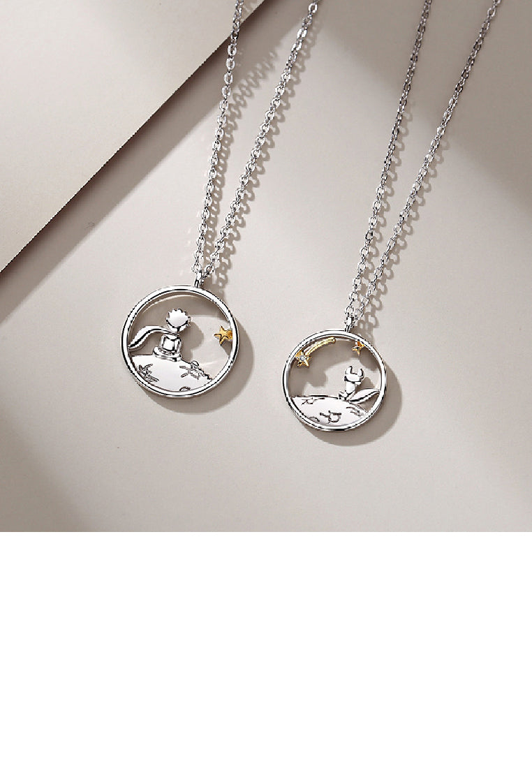 925 Sterling Silver Fashion Creative Little Prince Hollow Planet Geometric Round Pendant with Necklace