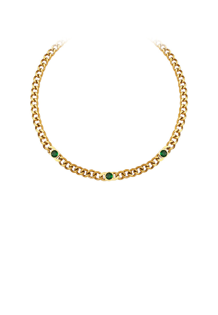 Fashion Simple Plated Gold 316L Stainless Steel Geometric Chain Necklace with Green Cubic Zirconia - Luxurious Look