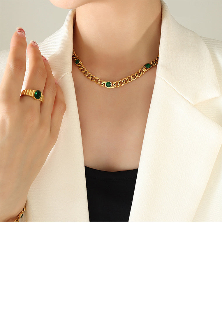 Fashion Simple Plated Gold 316L Stainless Steel Geometric Chain Necklace with Green Cubic Zirconia - Luxurious Look