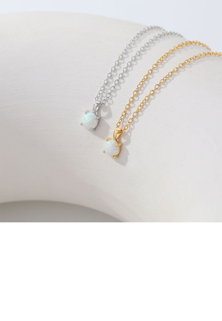 925 Sterling Silver Simple Fashion Geometric Round Opal Pendant with Necklace