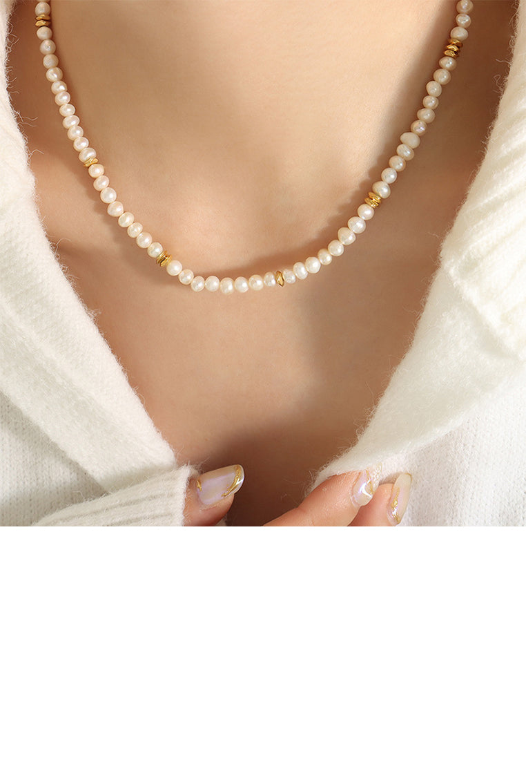 Simple and Elegant Plated Gold Irregular Imitation Pearl Beaded Stitching 316L Stainless Steel Necklace - Luxurious Look