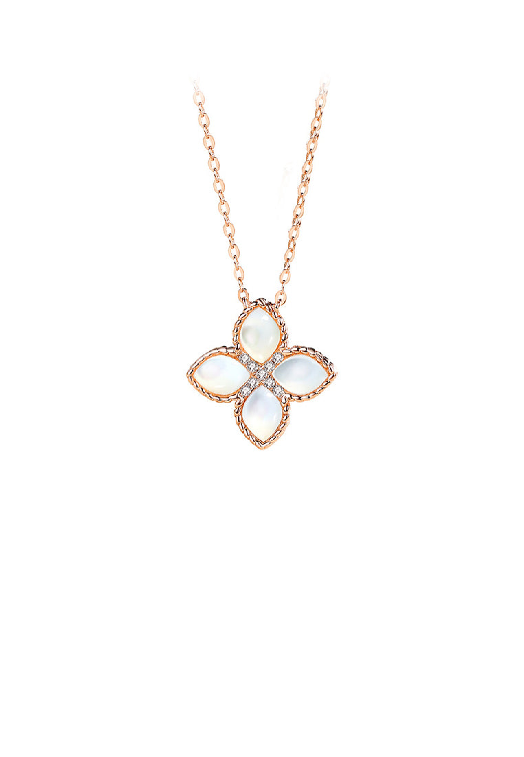 925 Sterling Silver Plated Rose Gold Fashion Four-leafed Clover Mother-of-pearl Pendant with Cubic Zirconia and Necklace - Luxurious Look
